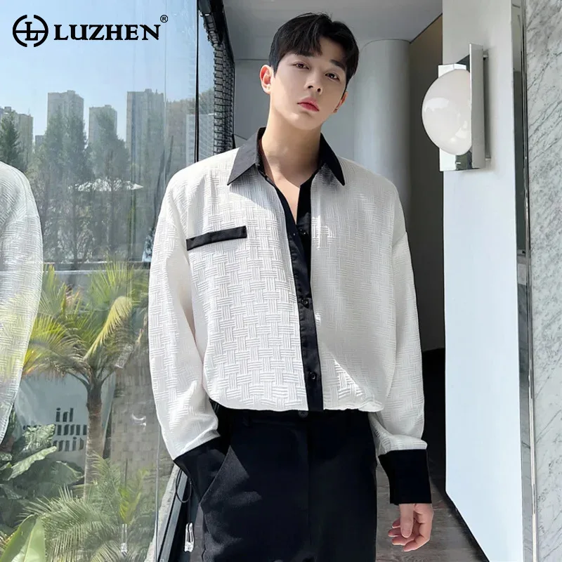 LUZHEN-Camisa coreana de manga comprida masculina, com design de contraste de cores, tops casuais elegantes, nova moda, outono, Ad1353, 2024