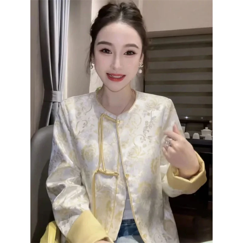 

Elegant Women Vintage New Chinese Style Short Jacket Spring Buckle Splicing Yellow Coat Temperament Long Sleeve Sweet Outwear