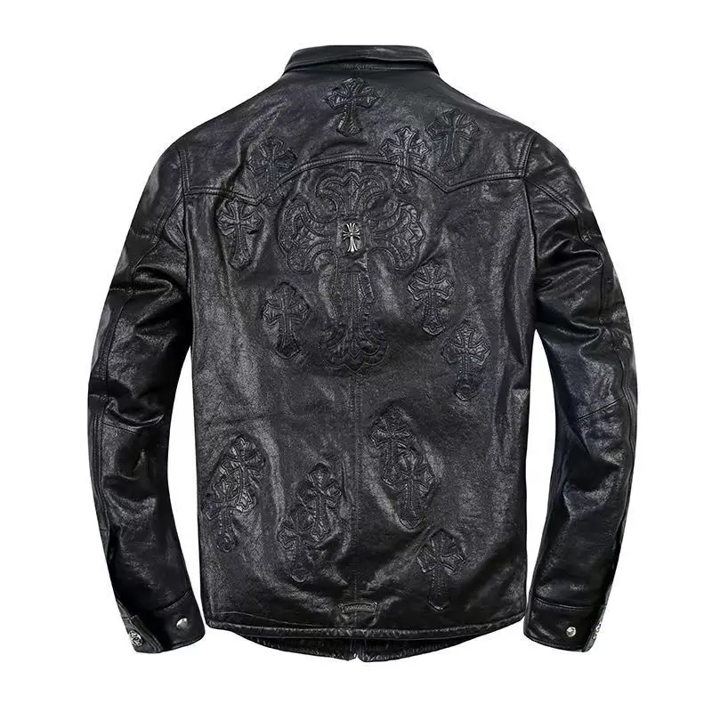 Fashion High Street Genuine Leather Motorcycle Jacket Black Men's Cross Embroidered Coat Real Cow Leather Men Clothing XL - 6XL