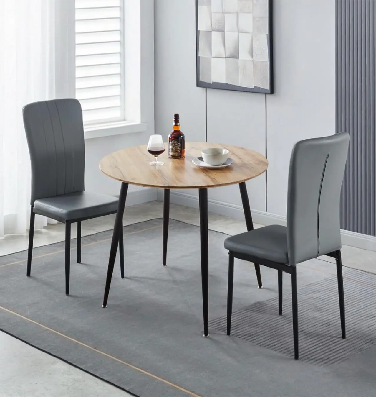 Furniture Cullompton Small Round Dining Table and Chairs Set 2, Wooden Dining Table with Oak Effect Top and Grey Faux