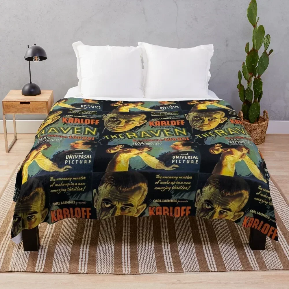 

The Raven - vintage Universal horror poster - Boris Karloff, Bela Lugosi, Edgar Allen Poe Throw Blanket Camping Thin Blankets