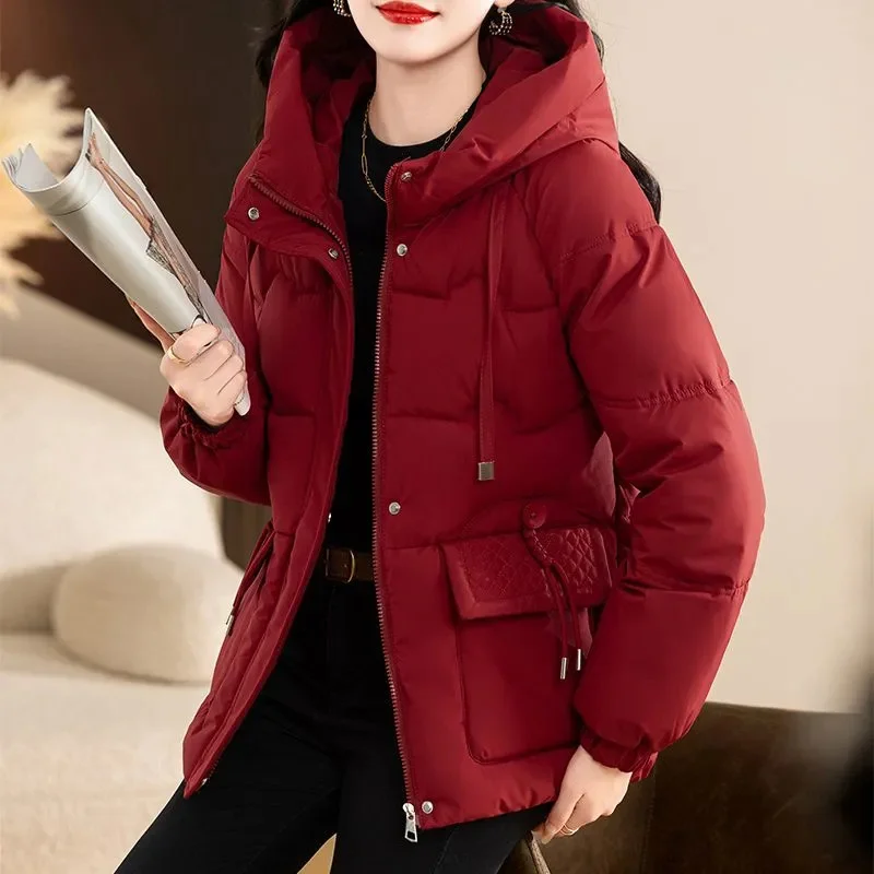 Jesienno-zimowa nowa krótka kurtka puchowa ocieplana watą, parki damskie, modna gruba ciepła kurtka watowana z kapturem, odzież wierzchnia, damska bluzka
