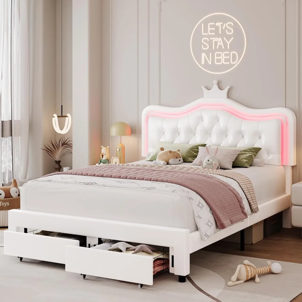 LED Bed Frame with Storage Drawer,with Adjustable Crystal Button Tufted Crown Headboard Leather Princess Platform Bed