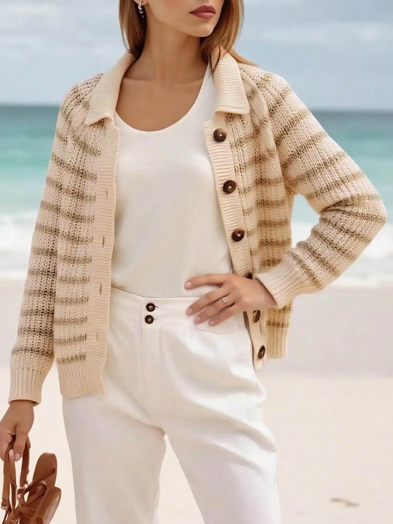 Cardigan in maglia con collo a polo Fisoew |   Maglione da donna a maniche lunghe aperto sul davanti |   Copricostume stile giacca abbottonata
