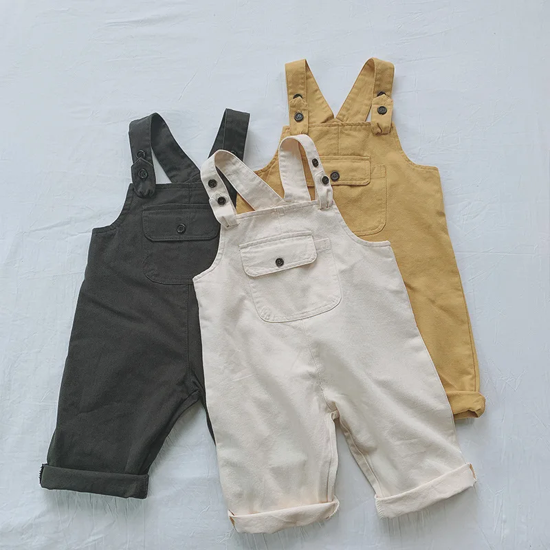 Autumn Children Pocket Denim Overalls Boy Kid Solid Simple Suspender Jumpsuit Girl Baby Loose Casual Pants Infant Cotton Trouser