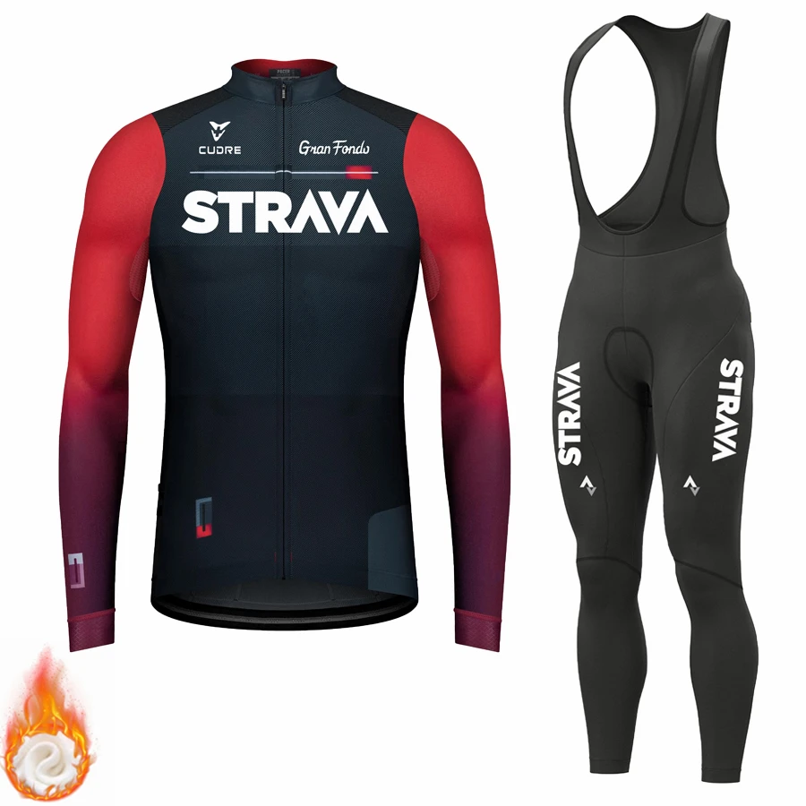 STRAVA Cycling Clothing Man Winter Thermal Fleece Men Mtb Men\'s Male 2024 Jersey Team Laser Cut Blouse Sports Set Triathlon Suit