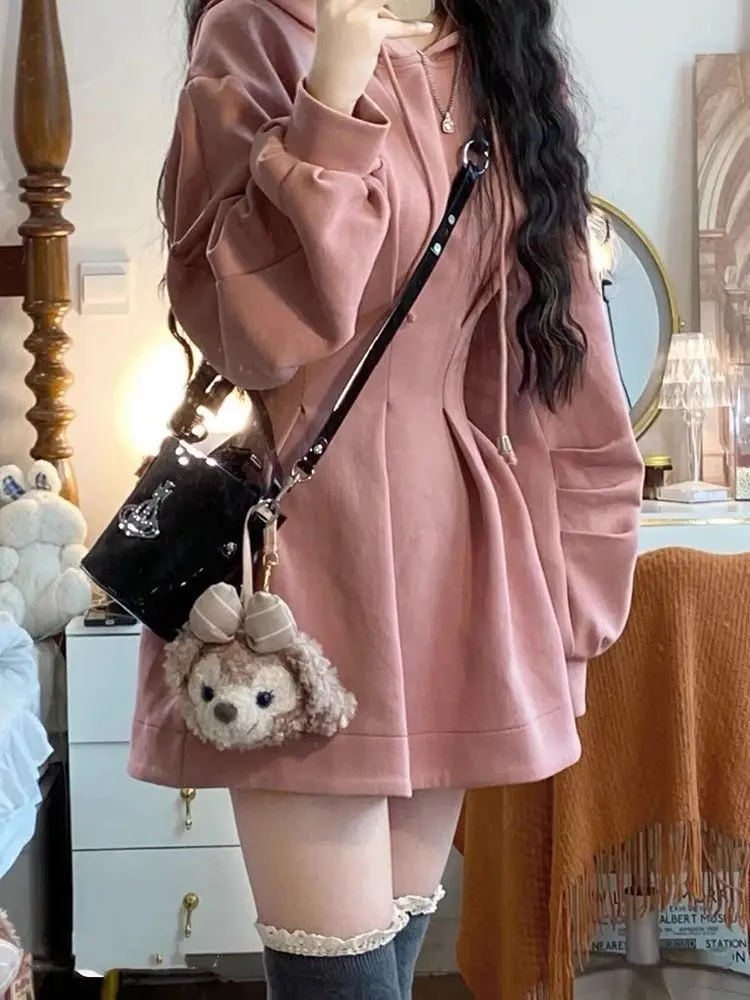 Autumn Winter Y2k Long Sleeve Midi Hoodies Dress Women Japan Fashion 2000s Aesthetic Tunic Frocks Solid One-Piece Dress 2024