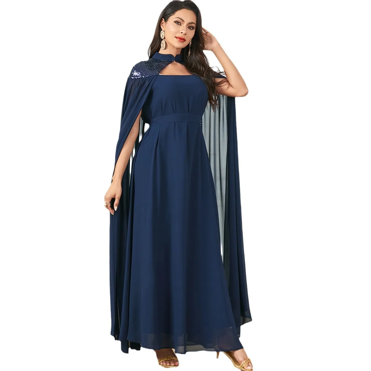 3863 Robe Muslim Clothing Solid Color Fashion Loose Sleeveless Shawl Large Swing Long Dress