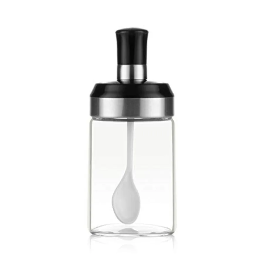 Tarro de vidrio para salsa con cuchara y tapa combinadas para almacenamiento en la encimera de la cocina de sal, azúcar y especias, 9.7oz 280ml, transparente con tapa.