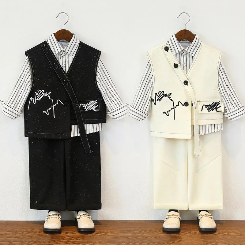 Retro Starry Sky Suit for Children Vest Set for Boys Birthday Party Tuxedo Beige Elegance Kids, Wedding Piano Performance Outfit