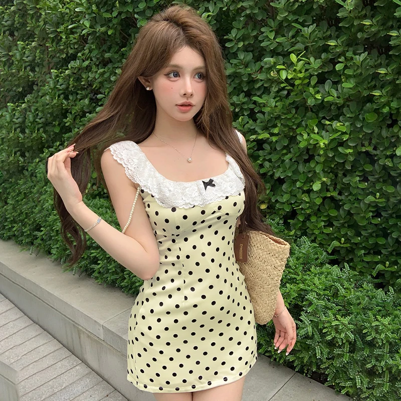 Sweet Square Collar Lace Patchwork Sleeveless Polka Dot Wrapped Mini Dress