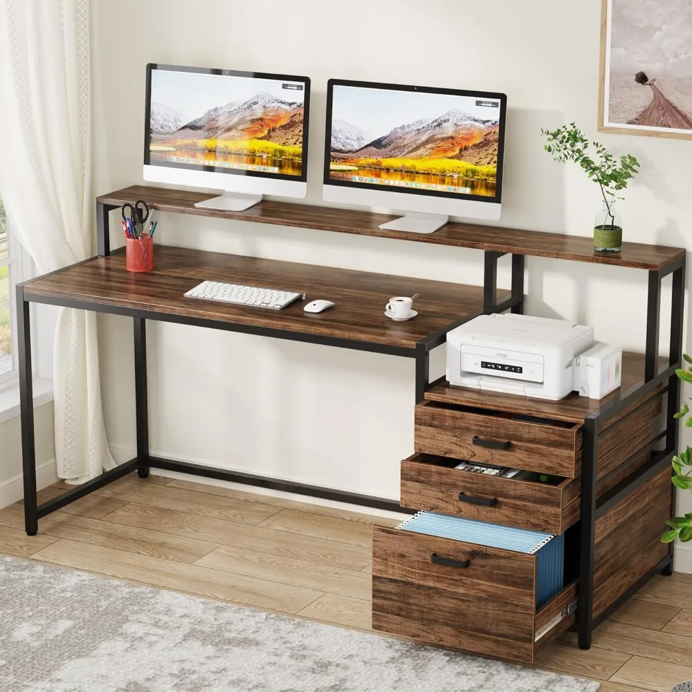 

63 Inch Computer Desk with File Drawer Cabinet, Ergonomic Office Desk with Monitor Stand, Industrial Computer Table with Printe