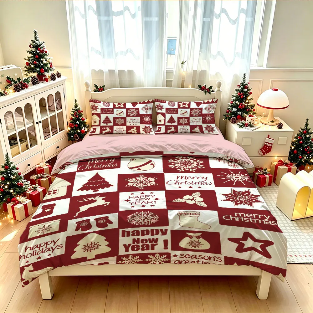 Christmas Duvet Cover Set 3Pcs Red White Patchwork Reindeer Snowflake Print Soft Microfiber Bedding with Pillowcases