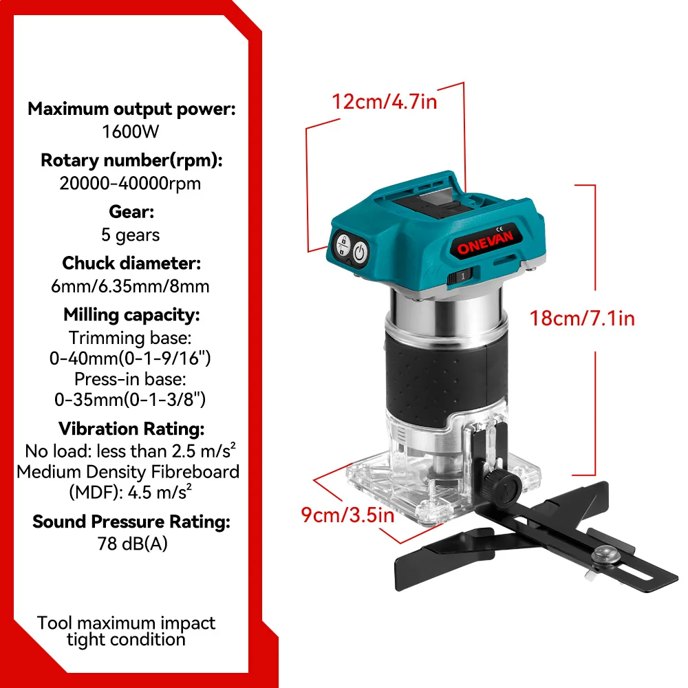 ONEVAN 5 Speeds Brushless Electric Hand Trimmer Cordless Wood Router Engraving Slotting Trimming Machine For Makita 18V Battery