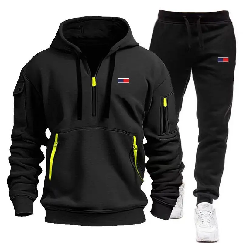 New Men\'s Sets Tracksuit Hoodie Pants Arm Pocket Zipper Fashion Outdoor Jogging Sportswear Designer Clothing Man Suit Large Size