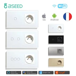 BSEED Wifi Touch Switch 1/2/3Gang With Normal FR Socket Glass Panel Smart Wall Light Switch Tuya APP Control Blue Backlight