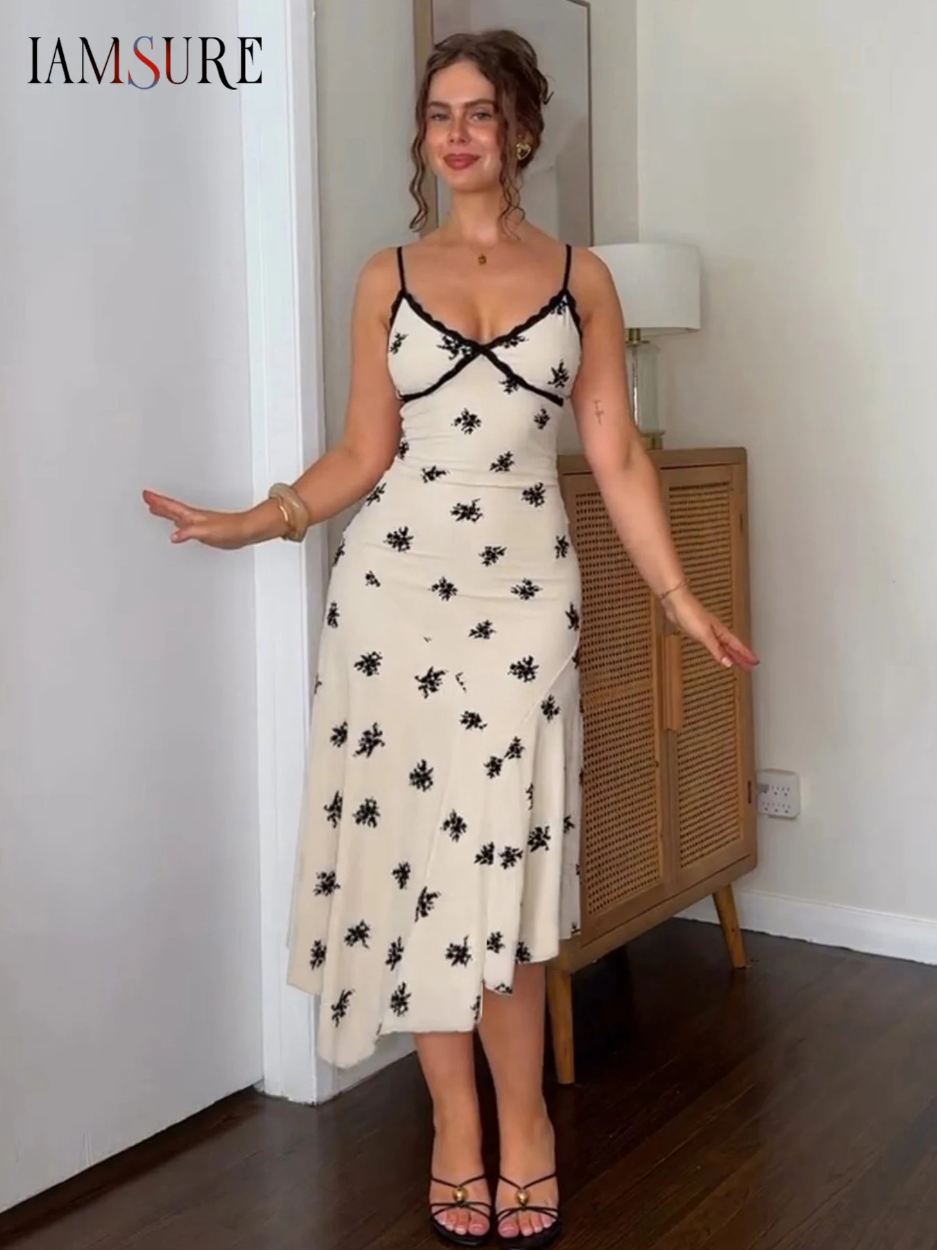 

IAMSURE Beach Style Solid Split Dress Slim Square Collar Long Sleeve Maxi Dresses For Women 2023 Autumn Spring Fashion Ladies