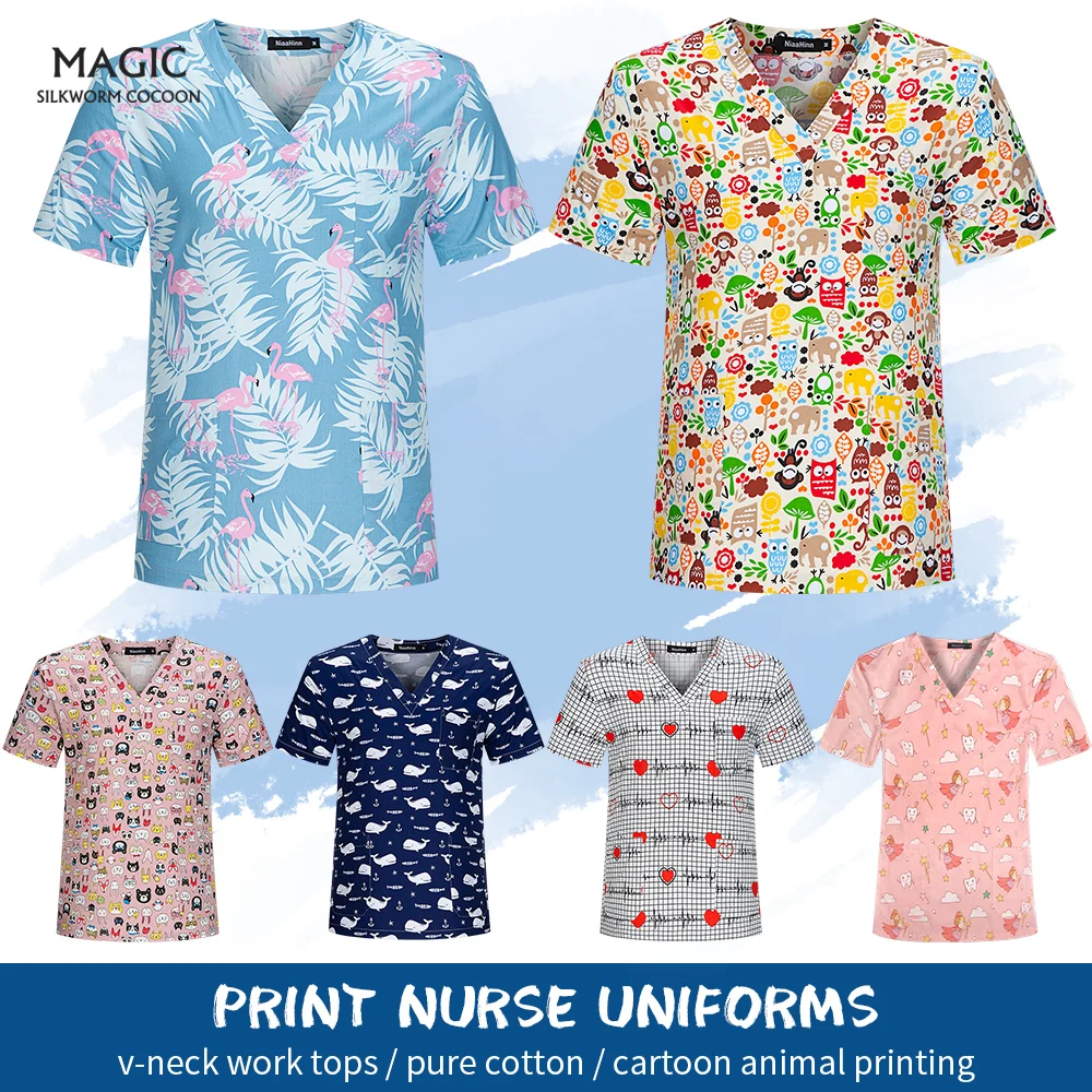 Uniforme de travail de salon de beauté pour femmes, T-shirt d'infirmière imprimé animal, chemise de proporà manches courtes, haut de soignant à col en V, vêtements de travail pour médecin hospitalier