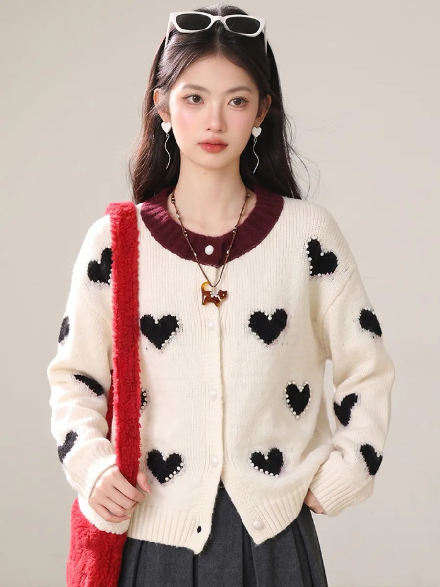Color Block Knitted Open Cardigan Women's Loose Long Sleeve round Neck Sweater Coat Sweet Style Autumn Winter New Arrival
