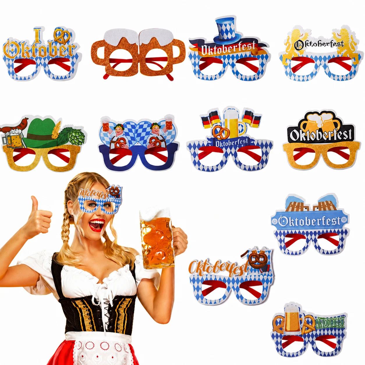 Oktoberfest Photo Props Eyeglasses Funny Blue White Beer Mug Party Costume Eyewear Decor German Beer Fest Celebration Supplies