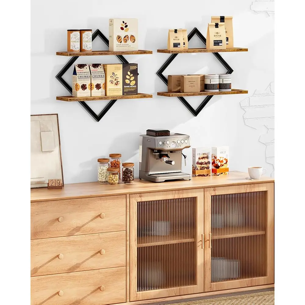 2-Piece Rustic Brown Floating Wall Shelves, Dual-Tier for Home, Office, and Kitchen