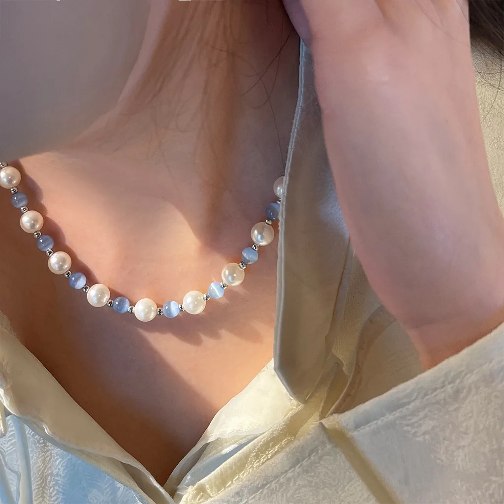 

Chinese Style Pearl Necklace Handmade Round Cat's Eye Beads Bohemian Minimalist Jewelry Oriental Y2K Choker Women's Elegant Gift