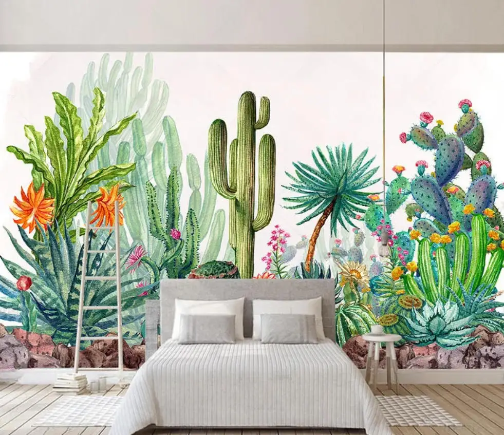 Custom Wallpapers Handmade Pastoral Plants Flowers Cactus TV Wall Background Wall Decorative Painting wallpaper papier peint