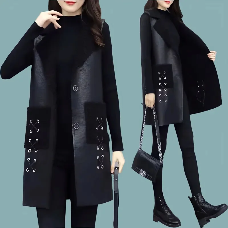 5XL Large Size Vests 2023 Autumn Winter New PU Leather Patchwork Lambwool Sleeveless Jacket Women Korean Slim Female Waistcoat