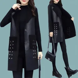 5XL Large Size Vests 2023 Autumn Winter New PU Leather Patchwork Lambwool Sleeveless Jacket Women Korean Slim Female Waistcoat