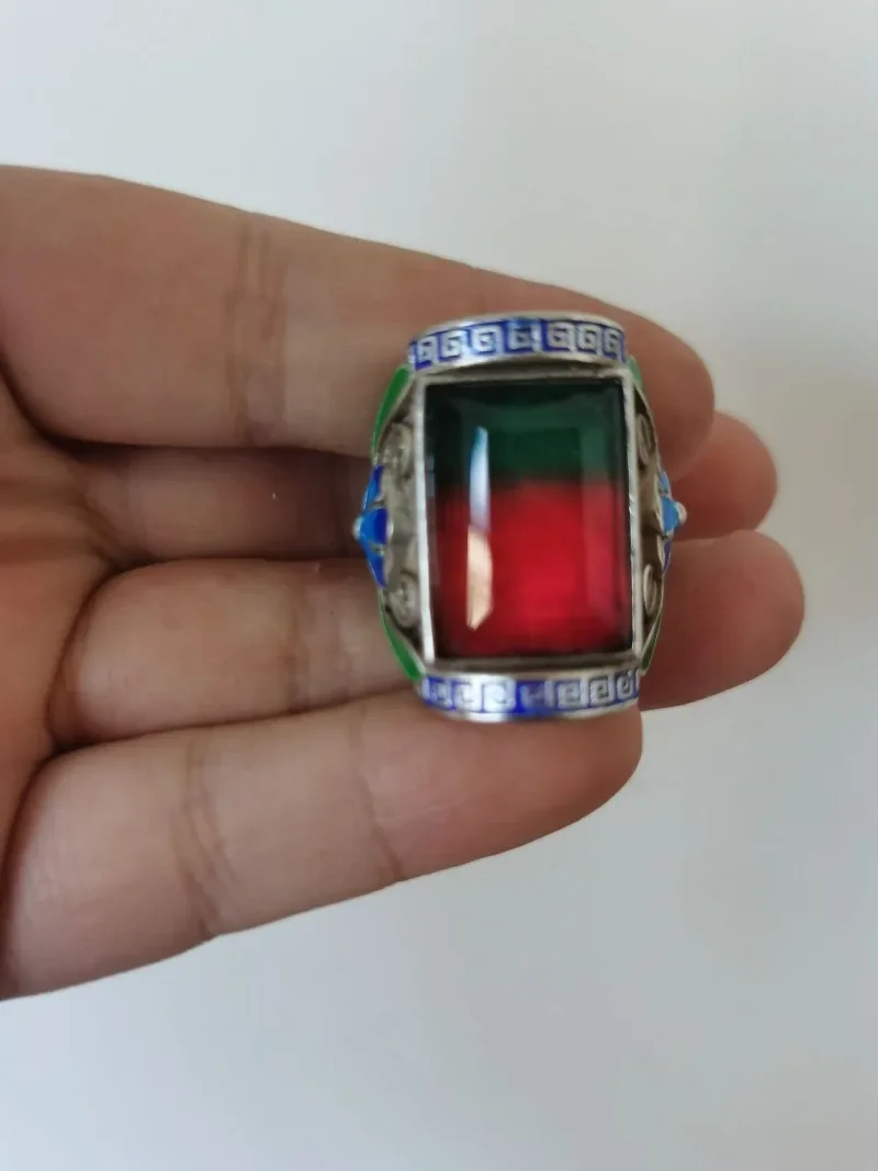 Antique Old Silver Ring, Inlaid Three-Color Tourmaline Gemstone, Adjustable Open Band, Vintage Patina Jewelry