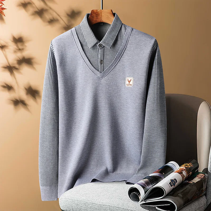 

Men Knitted with Plush Polo Collar Pullover Long Sleeve Warm Loose-fit Stripe Bottom Shirts Fake Two Piece Shirt Collar Sweater