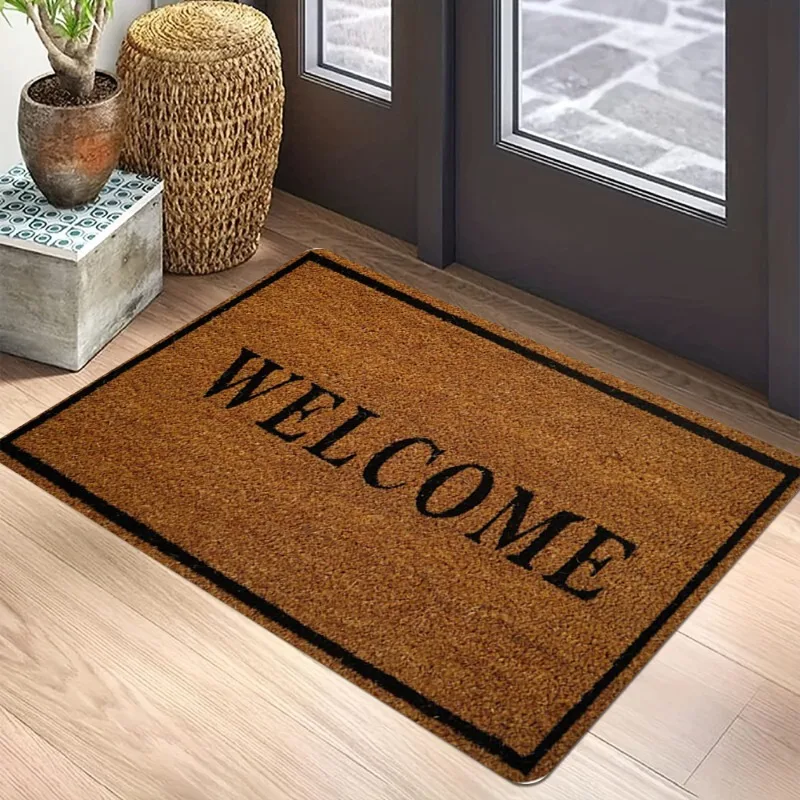 Brown Hello Black Handwritten Carpet Mat Anti-Slip Rubber Backing Rug for Entryway Front Door Hallway Home Decoration Durable