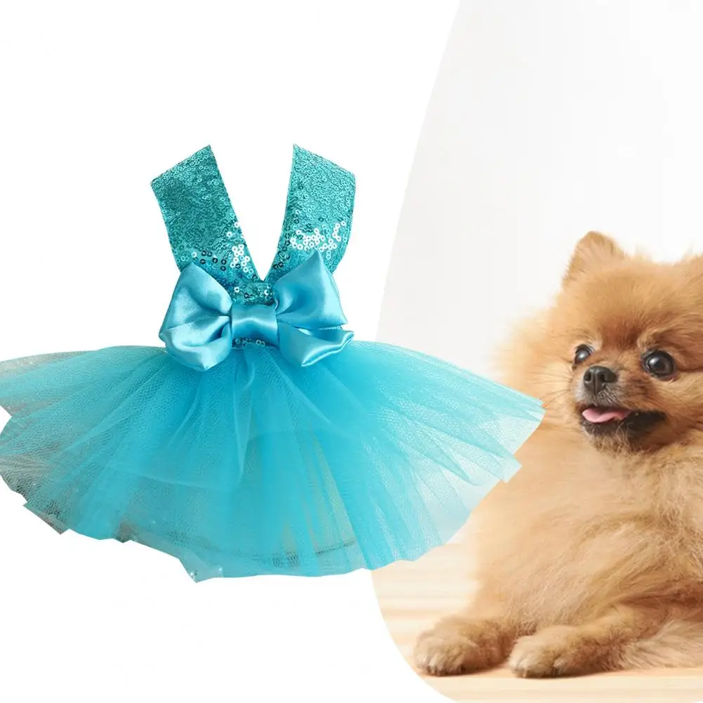 Pet Dress Sequins Big Bowknot Mesh Splicing V Neck Dog Princess Dress Summer Pet Clothes Dog Wedding Dress Party Wear