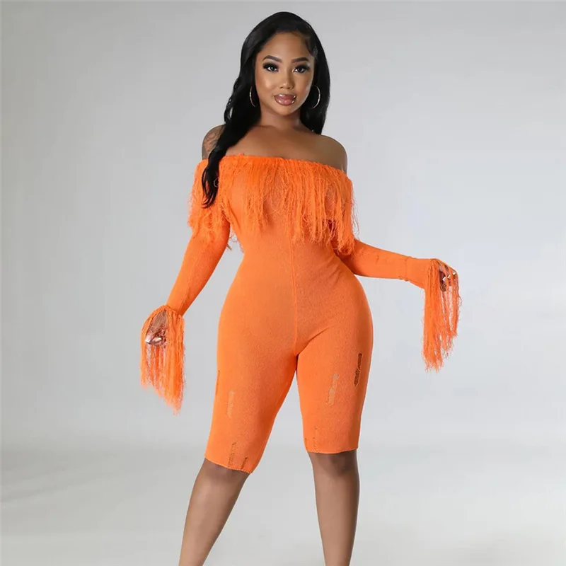 

Women Solid Tassel Knitted Playsuits Sexy Slash Neck Off Shoulder Long Sleeve High Stretch Slim Rompers Party Club Overalls