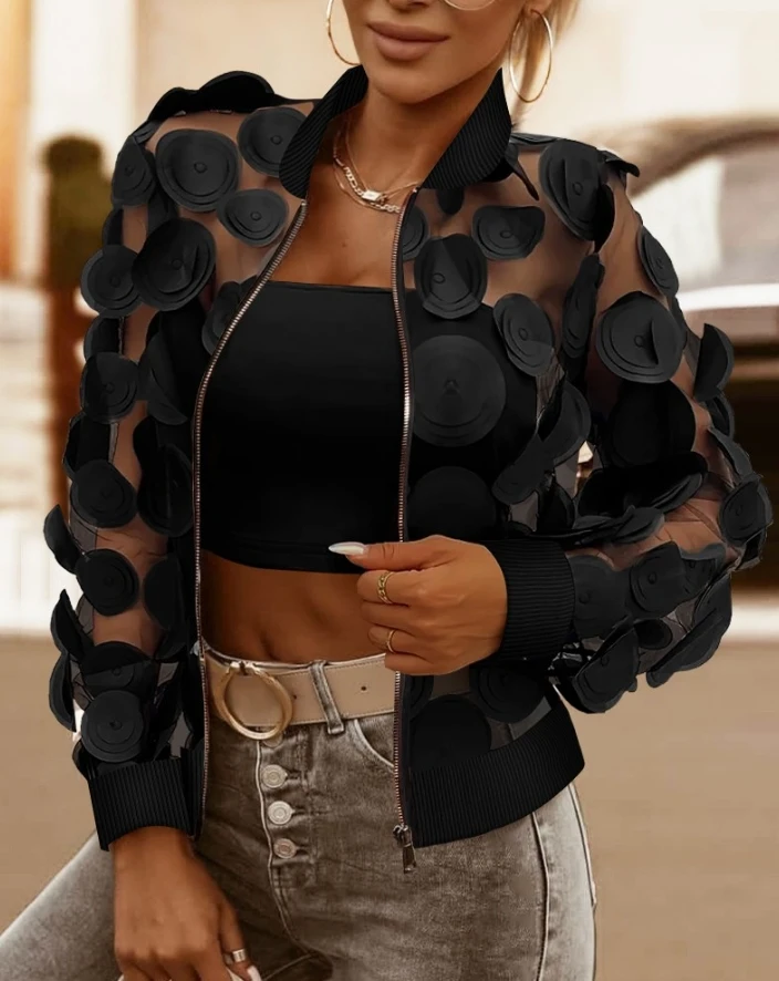 

Women's Coat Baseball Collar Three Dimensional Floral Pattern Sheer Mesh Chiffon Long Sleeve Zip Up See Through Overshirt