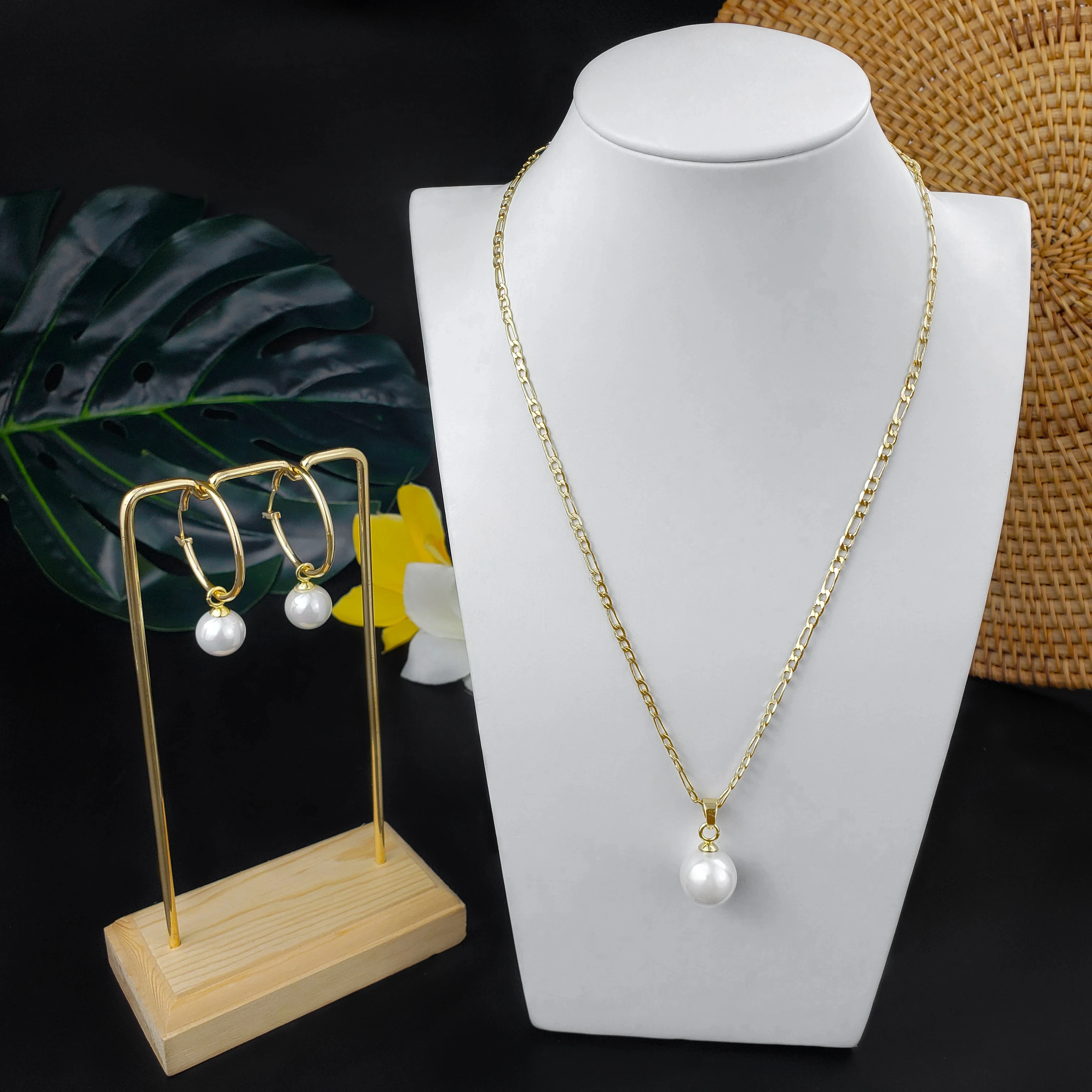 Minimalist Hawaiian Colorful Tahitian Pearl Earring Necklace Jewelry Set with Figaro Chain Chritmas Gift Handmade Jewellery