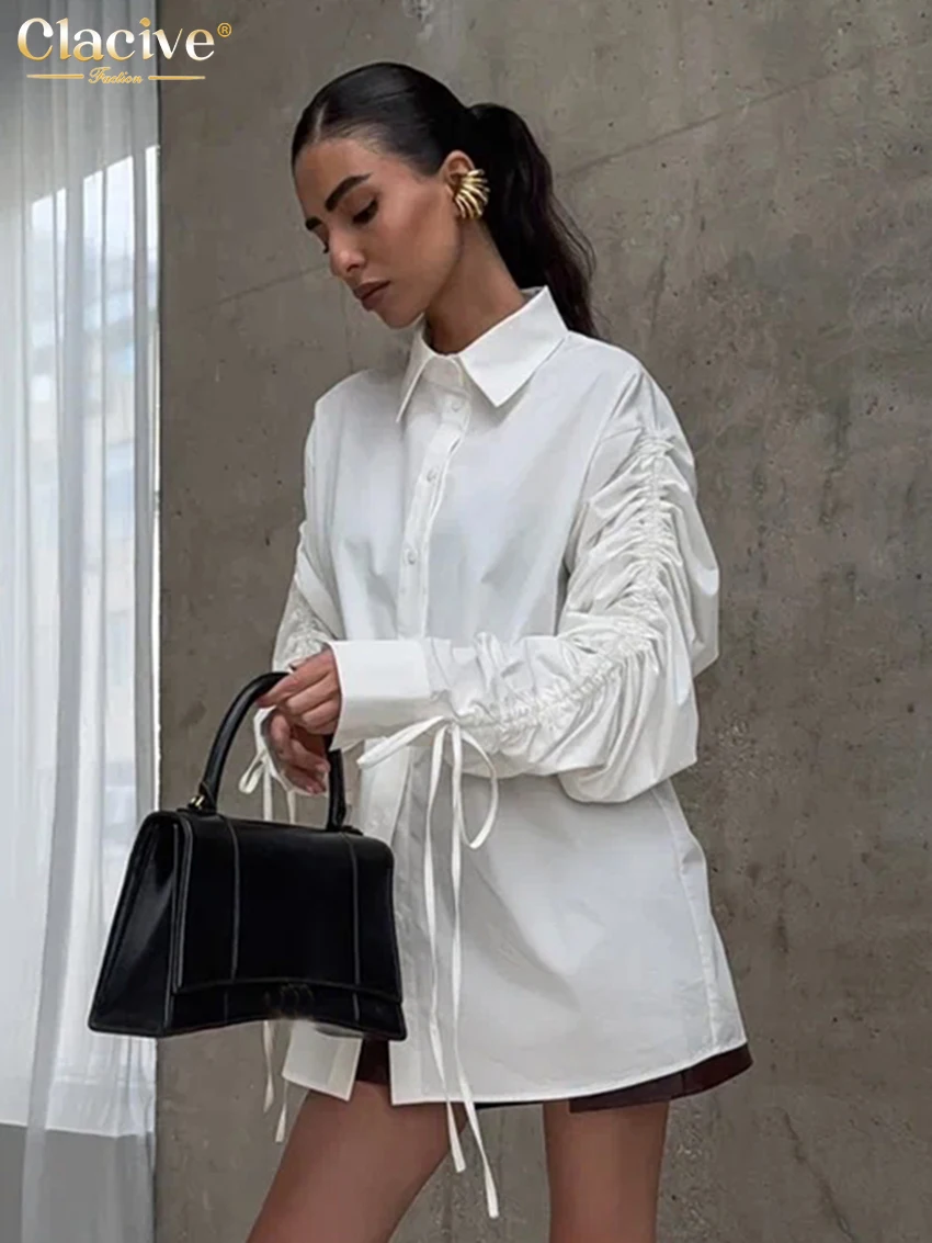 Clacive Fashion Loose White Cotton Women Blouse 2025 Casual Lapel Long Sleeve Shirt Elegant Classic Lace-Up Top Female Clothing