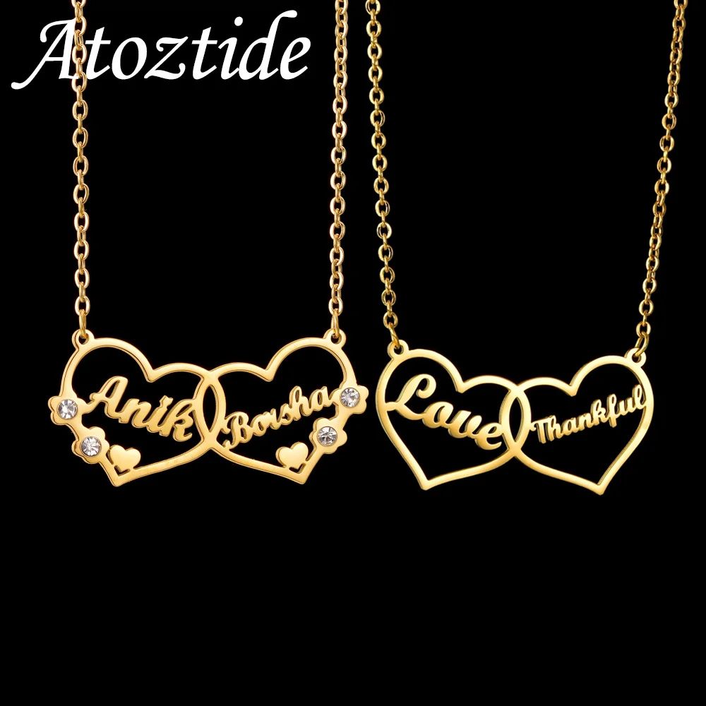 MprainbowAtoztide Custom 2 Names Necklace for Women Stone Zircon Heart Stainless Steel Jewelry Choker Chain Personalized Birthda