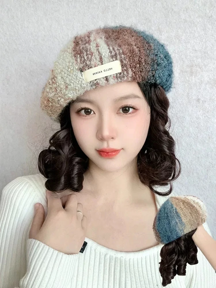 Wig Hat Women's All in One Autumn/Winter New Fashionable Long Curled Hair Rainbow Oil Painting Beret Simulated Hair Wig Headset