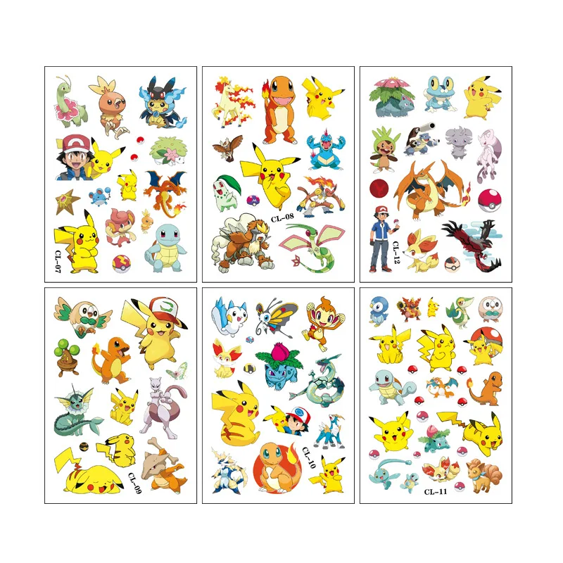 Impermeável Cute Cartoon Tattoo Stickers, Pokemon, Pikachu, Luigi, Engraçado, Crianças, Meninas, Natal, Presente de aniversário, Brinquedo Recompensa, 6pcs