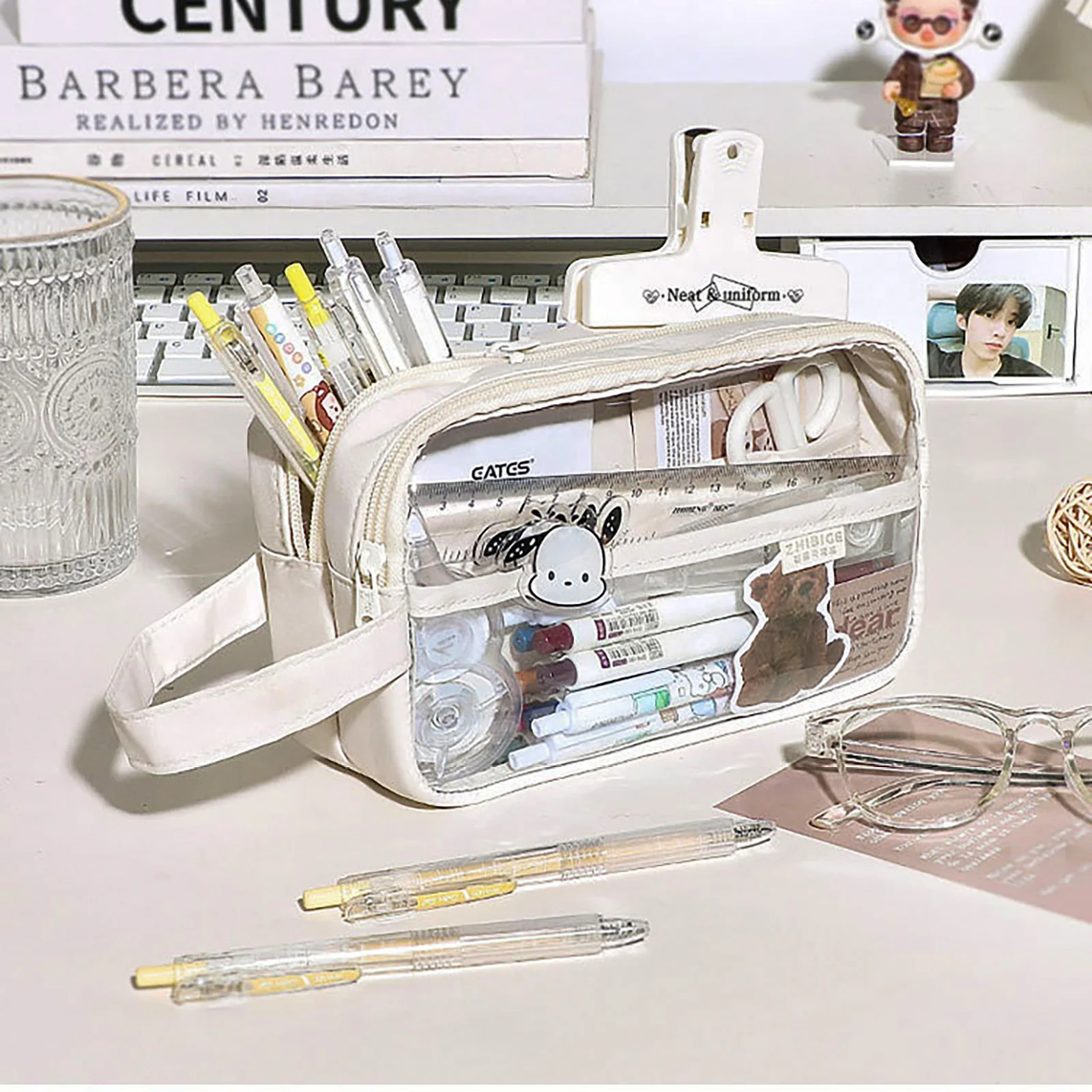 Clear Pencil Bag Kawaii Ita Bag Pencil Case with Handle,Portable Double Layer Pen Pouch for Students,Office