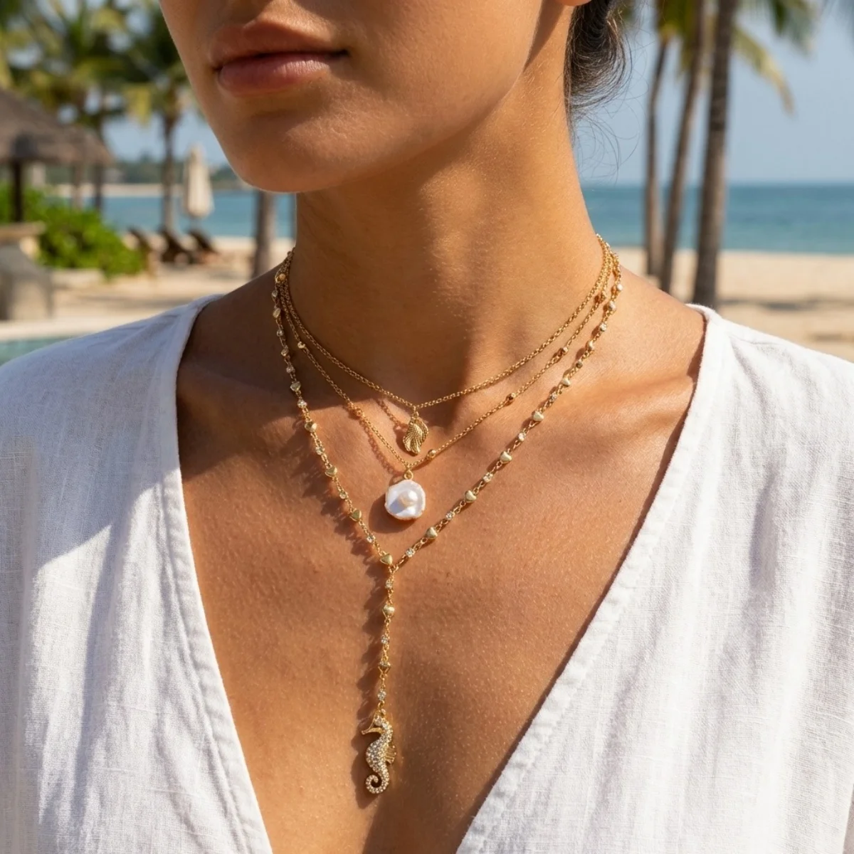 Seepferdchen-Muschel-Anhänger Y-förmige Halskette für Damen und Herren, mehrlagige Ozean-Strand-Meerestier-Kette, Choker, Sommerparty-Schmuck – Detail 7