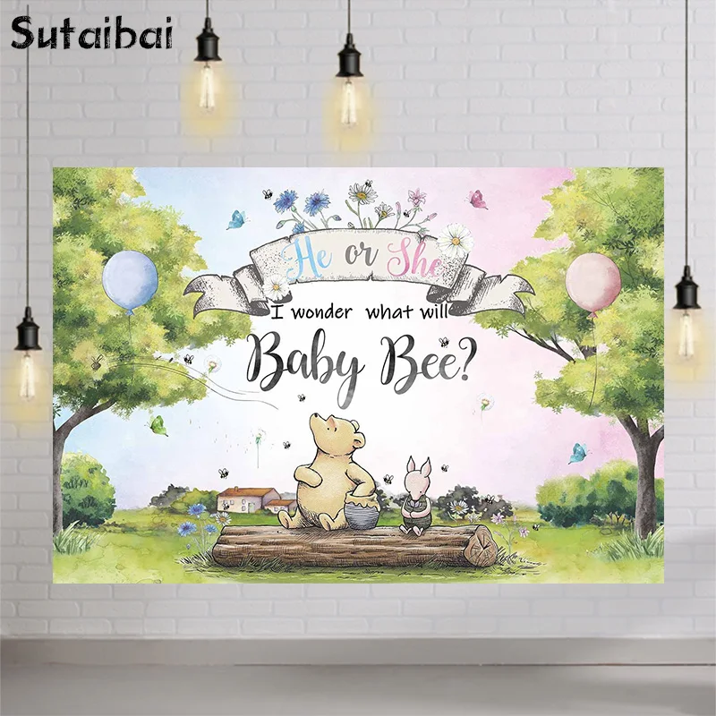 

Hunny Bear Gender Reveal He or She Photography Background Forest Tree Sweet Honey Bee Baby Birthday Party Decoration Backdrop