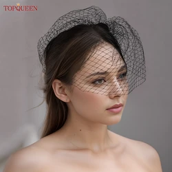 TOPQUEEN VA02B 100% Handmade Birdcage Veil Blusher Veil White Ribbon Flower Headband Veil for Bridal Hair Accessories Face Veil