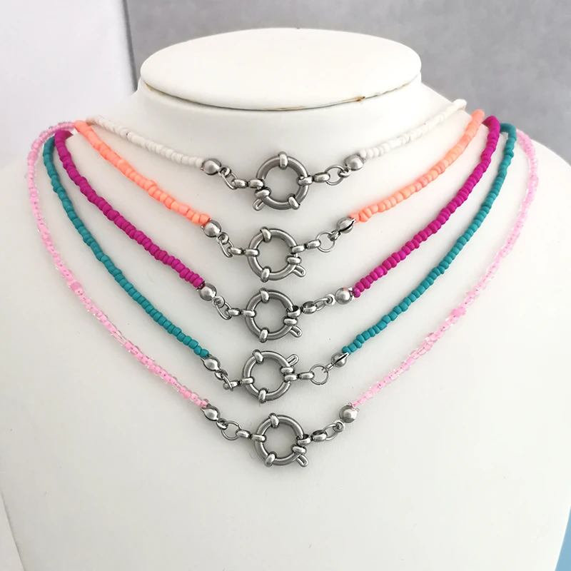 Samenperlen-Halskette für Damen, Choker mit Edelstahl-Federverschluss, Seemannschnalle, Grundkette in Gold- oder Silberfarbe, PVD-Beschichtung, Boho DIY-Schmuck – Detail 7