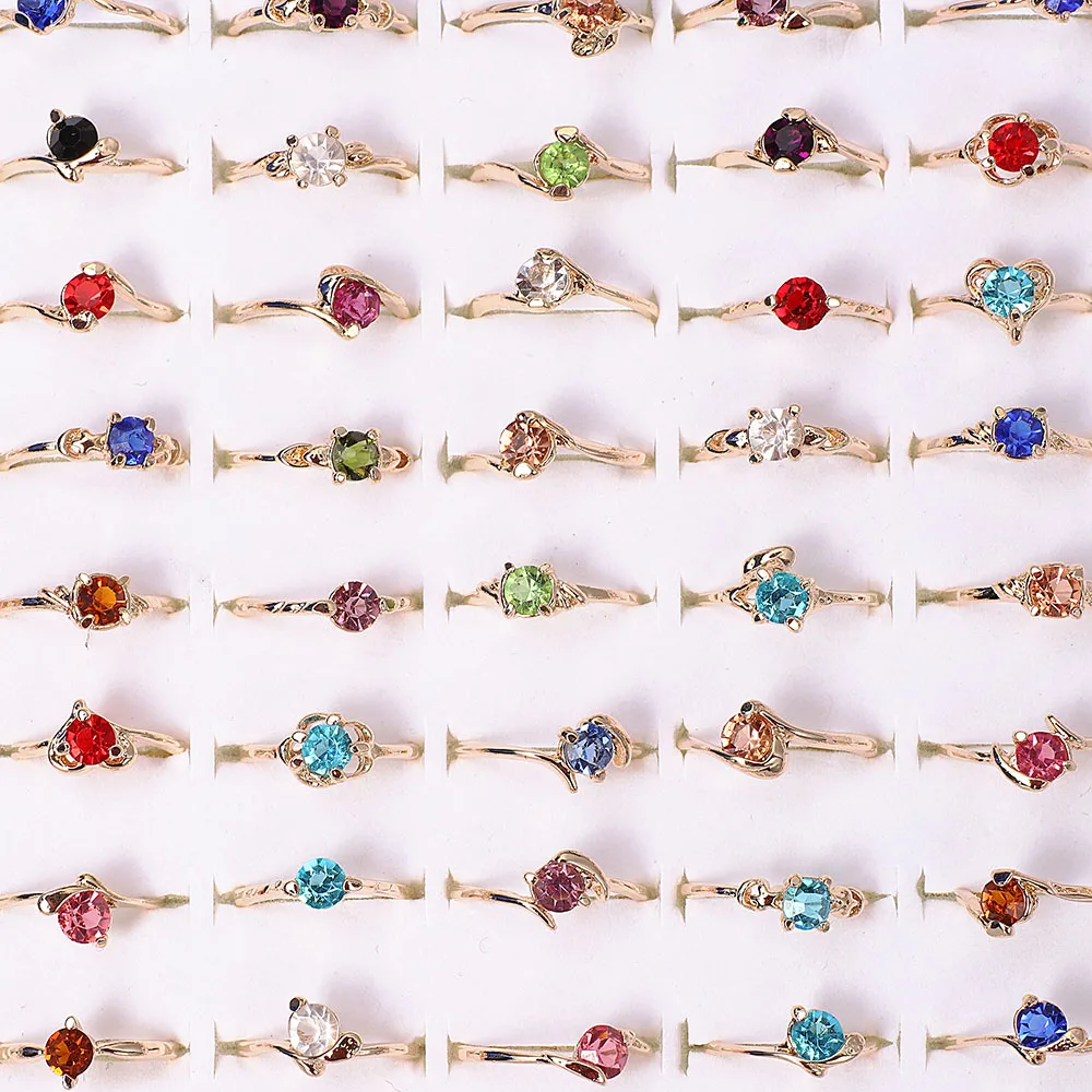 QianBei Wholesale 50pcs/Set New Female Crystal Rhinestone Golden Color Women Rings Engagement Wedding Jewelry