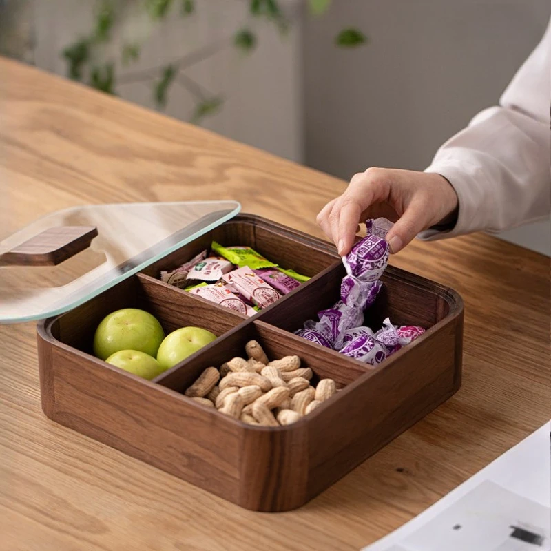 

Black Walnut New Chinese Style Fruit Plate with Lid Four Grid Candy Snack Box Home Storage Light Luxury Compartment