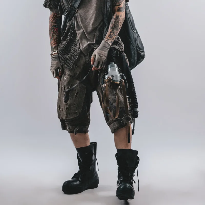 HKSH Summer New Men Tide Chic Ins Ripped Deconstructed Design Mesh Capris Patchwork Waste Land Techwear Y2K Crotch Pants HK24574