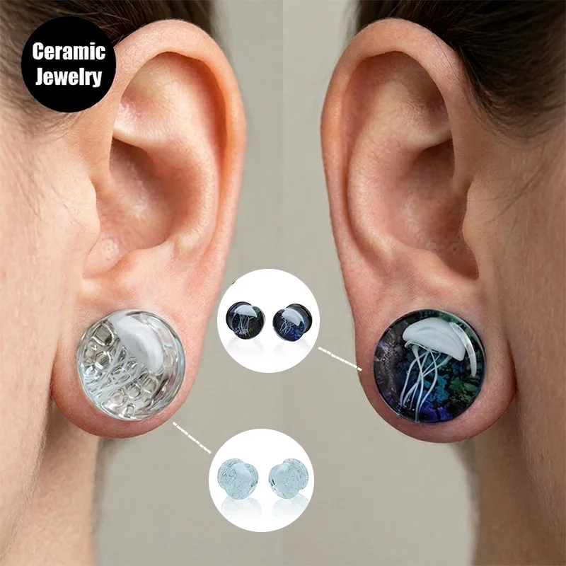 8mm Jellyfish Opal Ear Tunnels Hand Swirled Flesh Plugs Double Flare Stretched Ocean White Ear Gauges Cool Body Piercing Jewelry