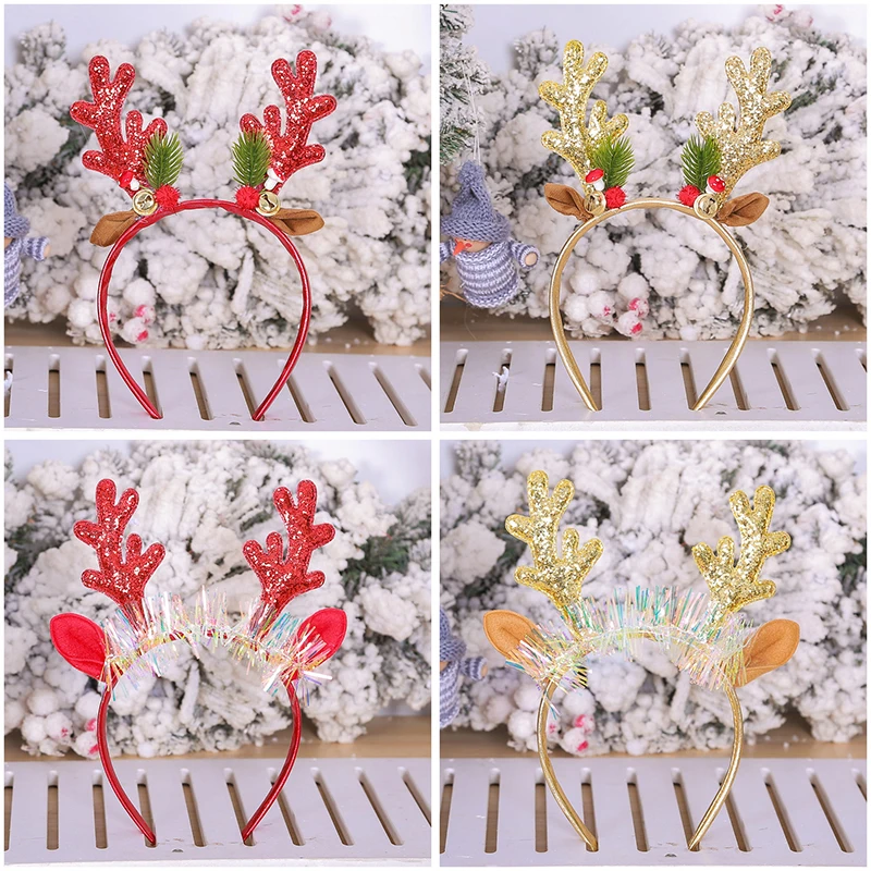 Christmas Hair Band Gold Red Elk Bell Headband Deer Antlers Hair Dress Xmas Pine Needles Headwear Gifts For Kids Photo Prop